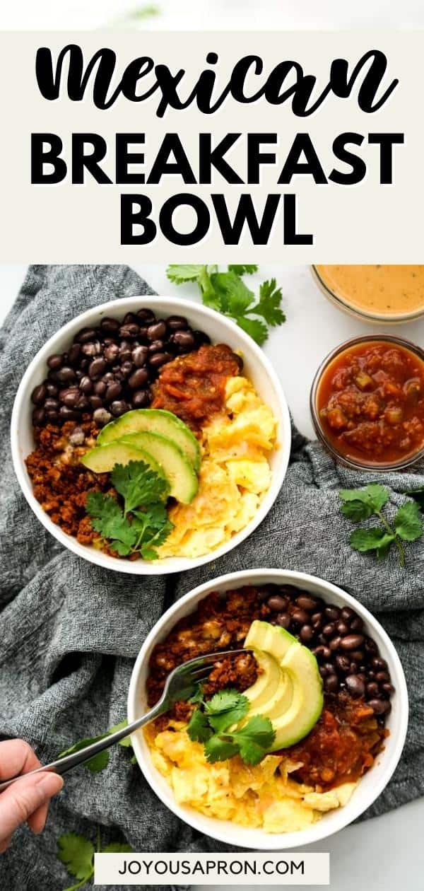 Mexican breakfast Bowl - easy and yummy Tex Mex breakfast and brunch. Egg, beans, salsa, black beans, avocado and tortilla chips, drizzled in chipotle ranch dressing via @joyousapron