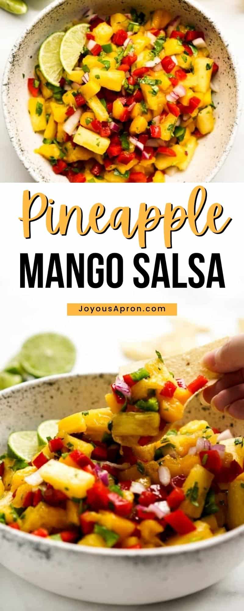 Pineapple Mango Salsa - easy and healthy Pineapple Mango Salsa with fresh pineapples, mangoes, bell peppers, red onions, cilantro and lime juice. The perfect no cook spring and summer appetizer or side dish for cookout, dinners, bbq and more. via @joyousapron