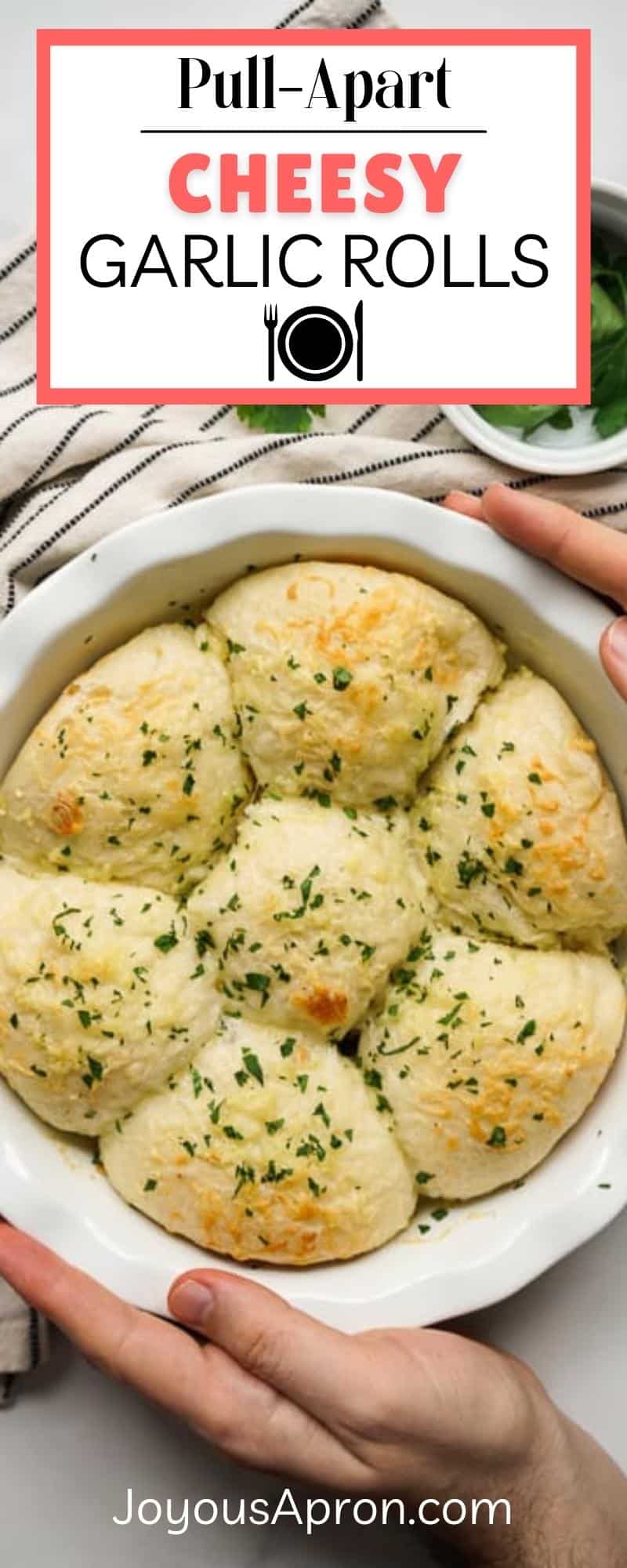 Easy Cheesy Garlic Rolls - pull apart dinner yeast rolls topped with garlic butter and herbs. So easy and yummy! Perfect bread side recipe for dinner or holiday meals. via @joyousapron