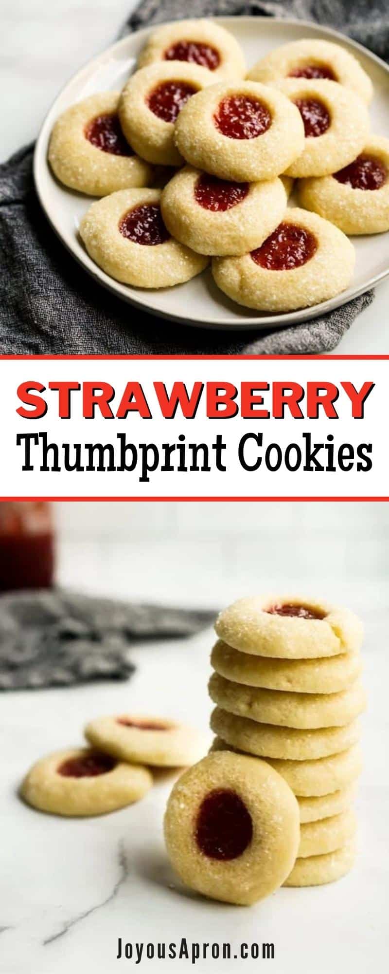 Strawberry Thumbprint Cookies - buttery and moist shortbread thumbprint cookies topped with sugar crystals and filled with strawberry jam. A delicious sweet treat and dessert! via @joyousapron