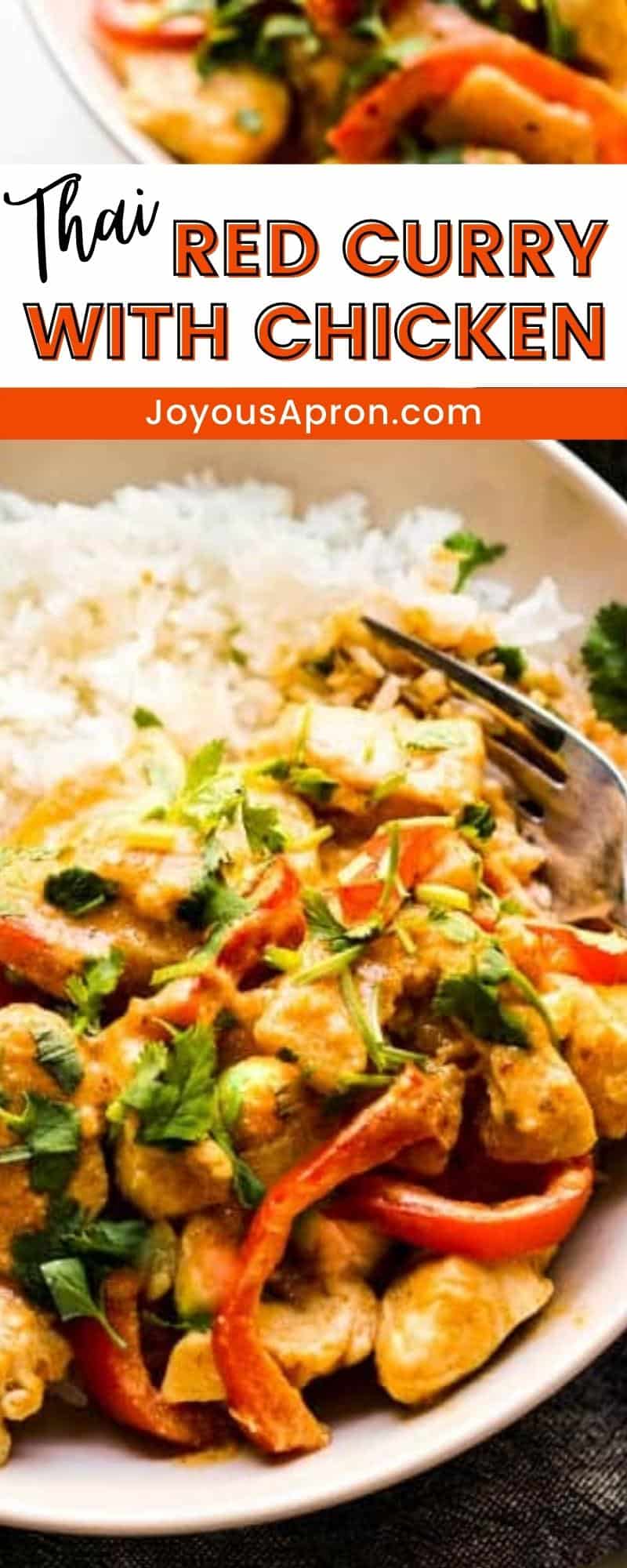 Thai Red Coconut Curry - authentic creamy Thai curry loaded with chicken, bell peppers, bamboo shoots, and zucchini, and garnished with cilantro. Easy Asian dinner that takes only 30 minutes to make and is incredibly flavorful and tasty! via @joyousapron