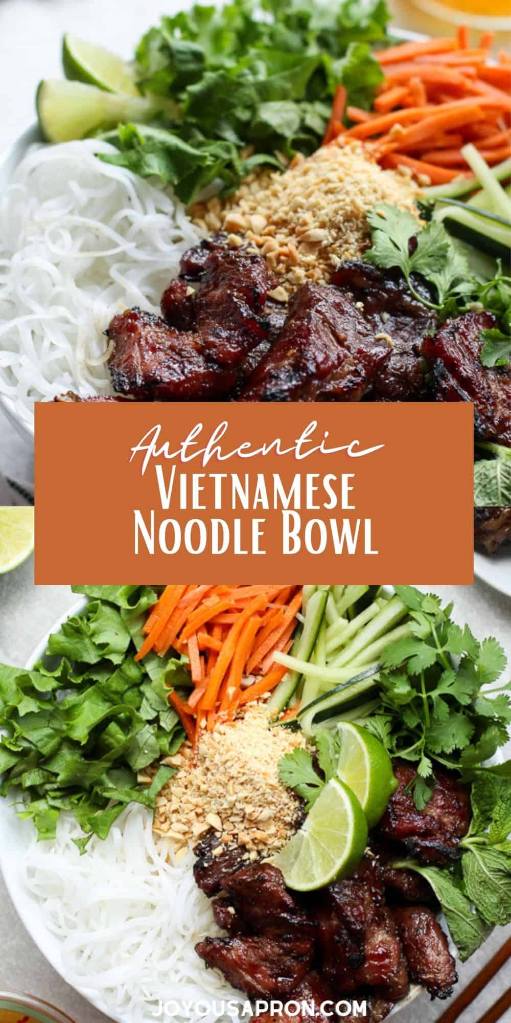 Vietnamese Vermicelli Noodle Bowl - healthy and yummy Asian noodle dish with marinated grilled pork, carrots, cucumbers, mint leaves, peanuts, lime and lettuce. Tossed in a homemade sauce made with fish sauce. via @joyousapron