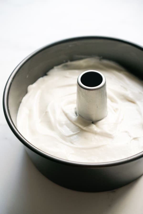 Angel food cake mixture in tube pan, unbaked