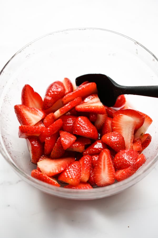 strawberry, sugar mixture in a bowl after refrigerating