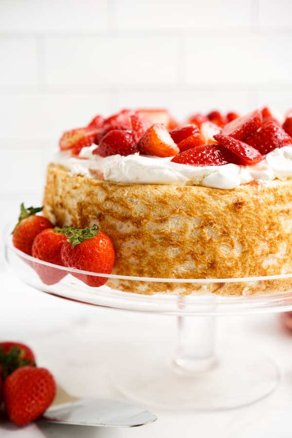  Strawberry Shortcake Angel Food Cake on a cake stand