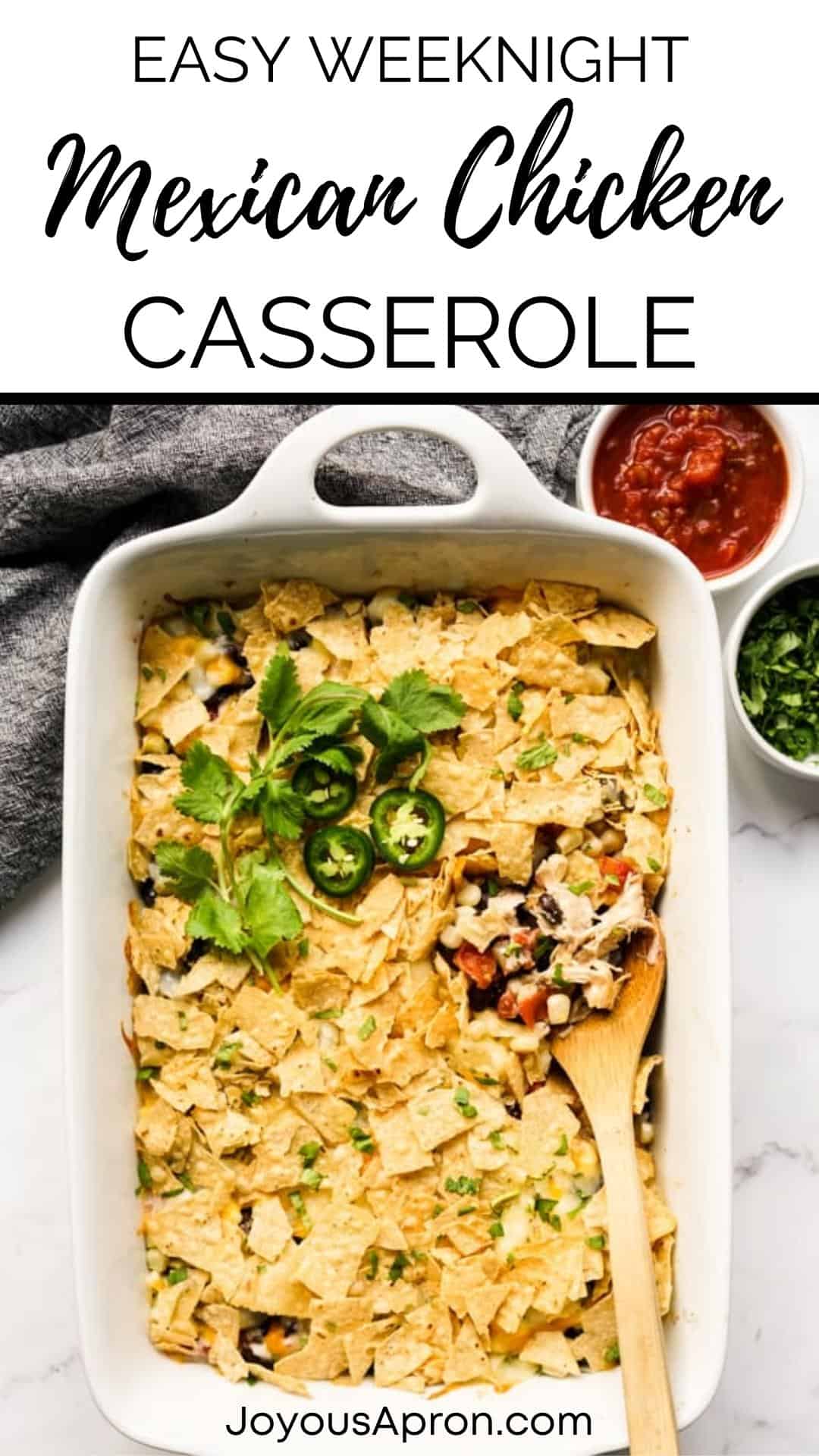 Mexican Chicken Casserole - Easy Mexican casserole recipe with shredded chicken, black beans, Rotel, cheese, tortilla chips, corn. Garnish with cilantro and avocados. Simple and quick one -pan weeknight dinner via @joyousapron
