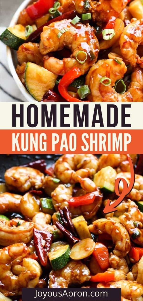 Kung Pao Shrimp - easy, healthy and delicious Asian seafood dish! Delicious shrimp stir fry dish tossed in a homemade Kung Pao sauce, combined with yummy veggies. Sooo much yummier and healthier than Chinese takeout! via @joyousapron