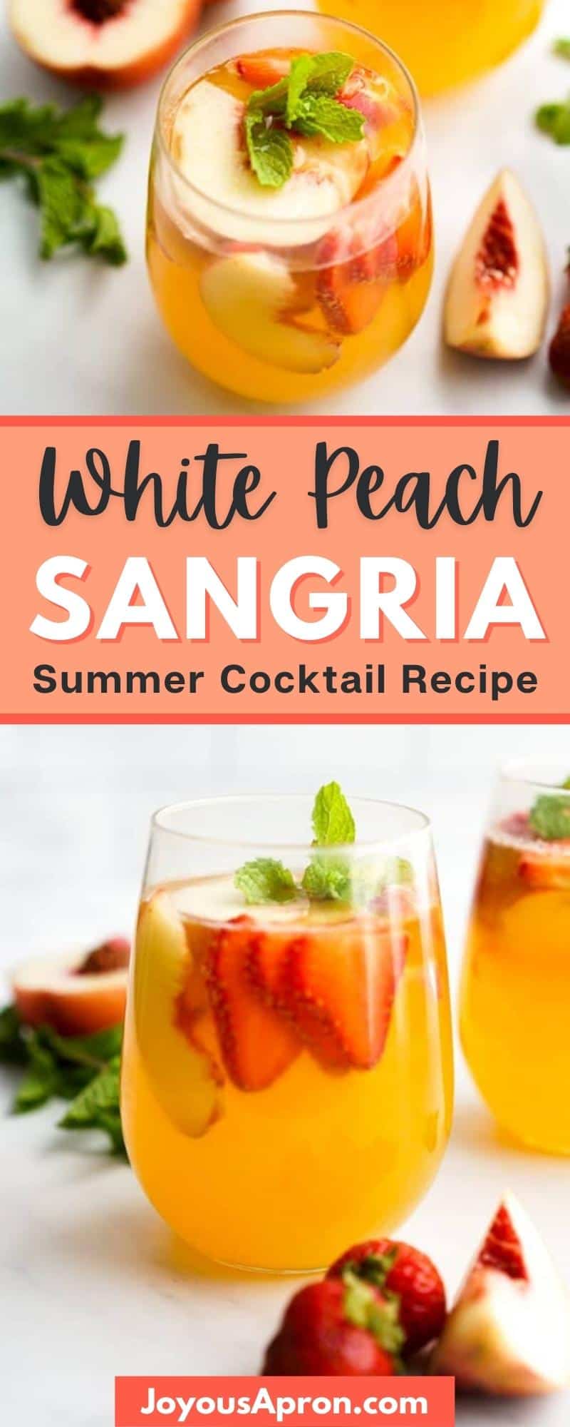 White Peach Sangria - a refreshing cocktail. White wine combined with a splash of brandy, along with club soda, and lots of peach flavors in the form of peach nectar and fresh peaches. via @joyousapron