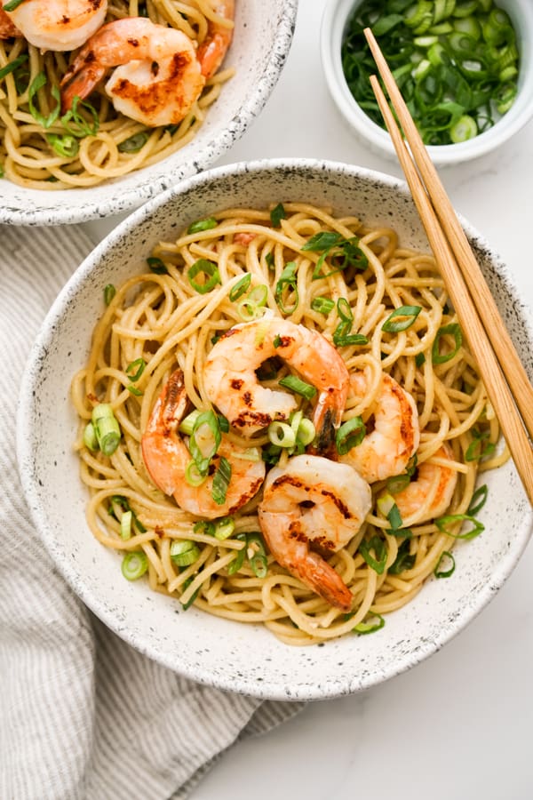 Top down view of a bowl of Shrimp Garlic Noodles