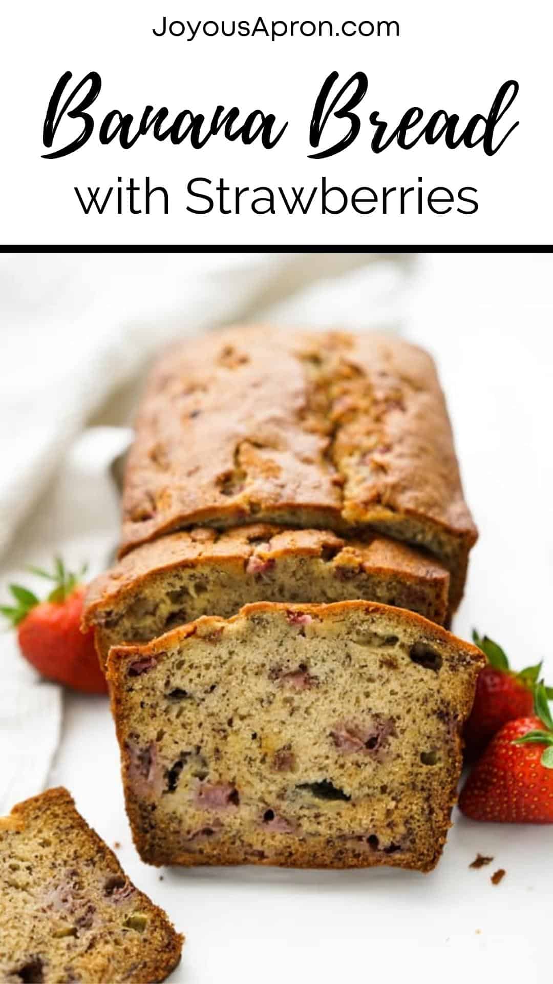 Strawberry Banana Bread - moist, buttery and crumbly banana bread baked with chunks of fresh strawberries. A simple quick bread recipe with cake textures - makes a delicious grab-and-go breakfast or snack! via @joyousapron