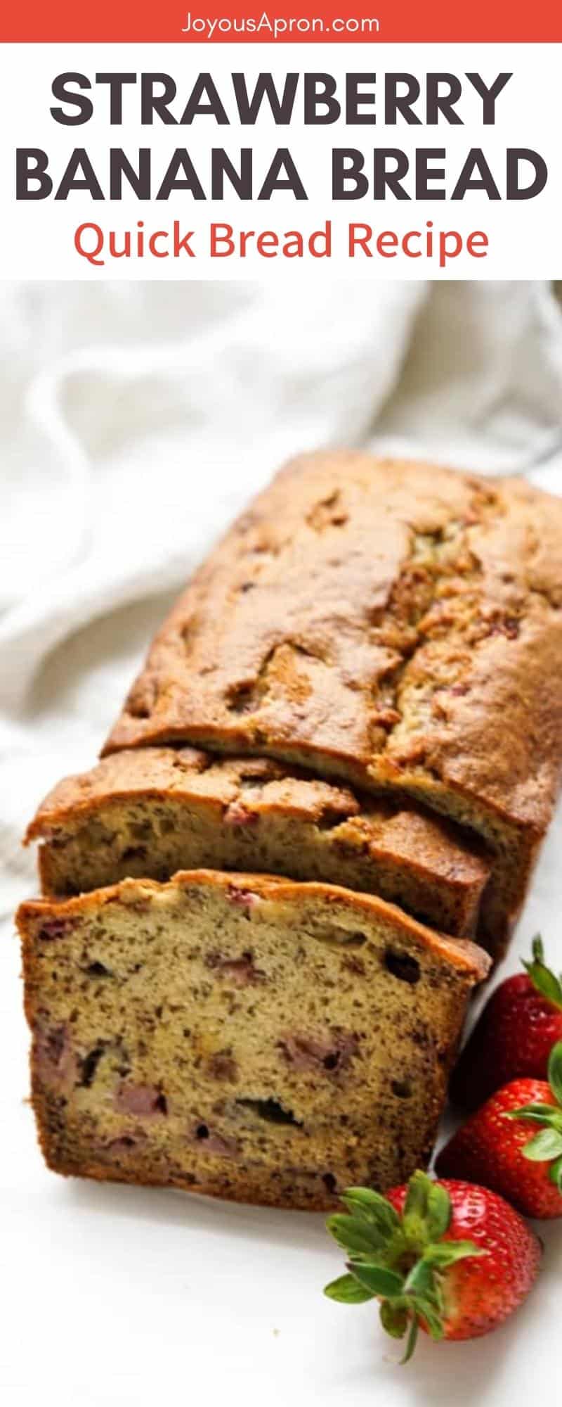Strawberry Banana Bread - moist, buttery and crumbly banana bread baked with chunks of fresh strawberries. A simple quick bread recipe with cake textures - makes a delicious grab-and-go breakfast or snack! via @joyousapron