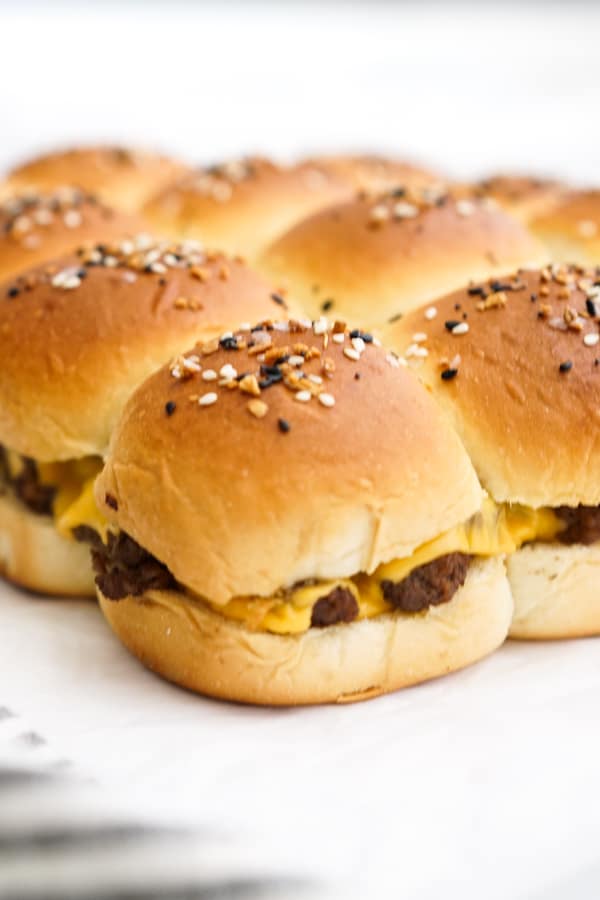 Closeup of Cheeseburger Sliders with Bacon