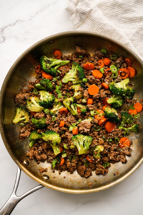 Ground Beef Stir Fry with Vegetables in a Skillet