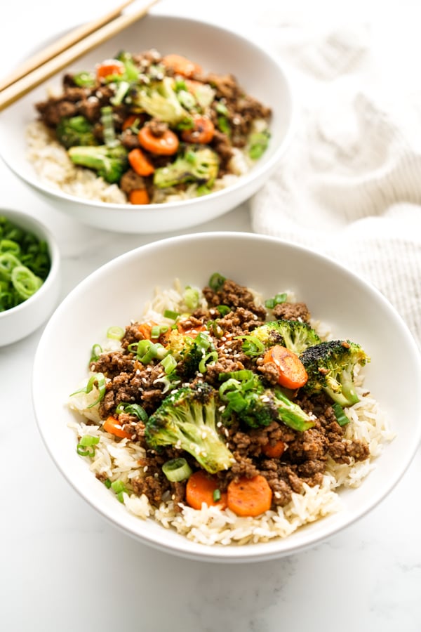 Two bowls of Korean Ground Beef Stir Fry