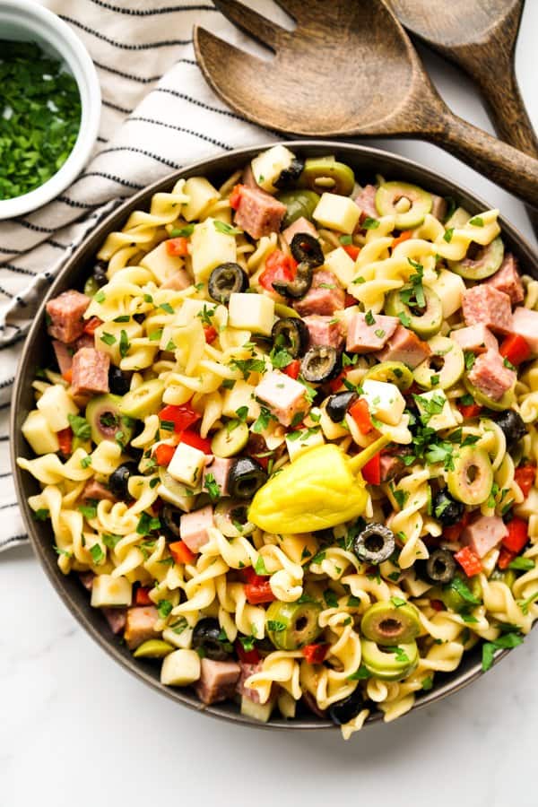 Top down view of a large bowl of Muffuletta Pasta Salad