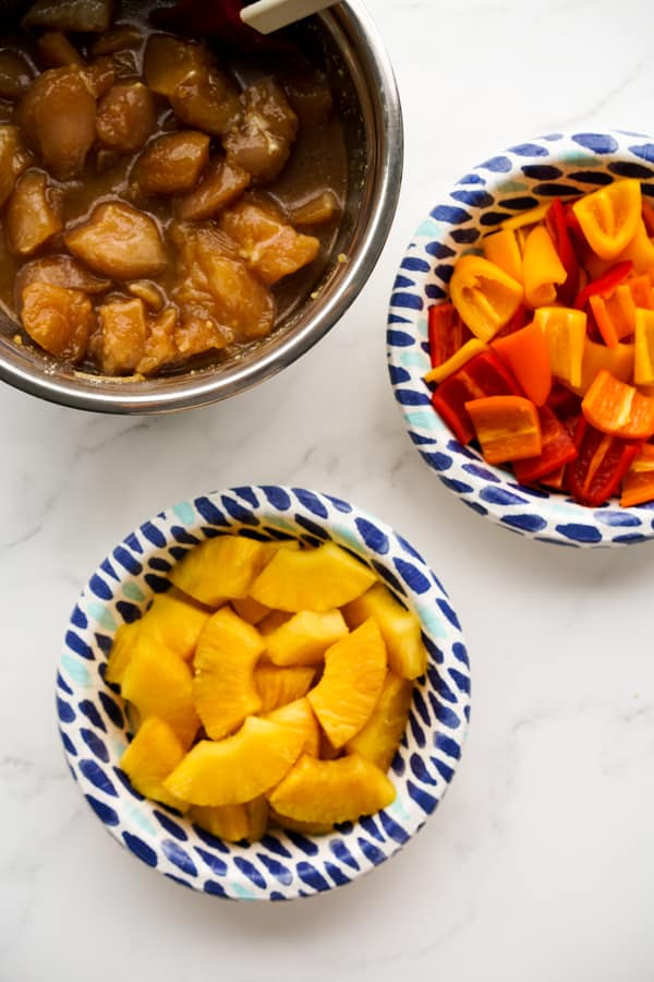 Chicken in teriyaki marinade, bell peppers, and pineapple