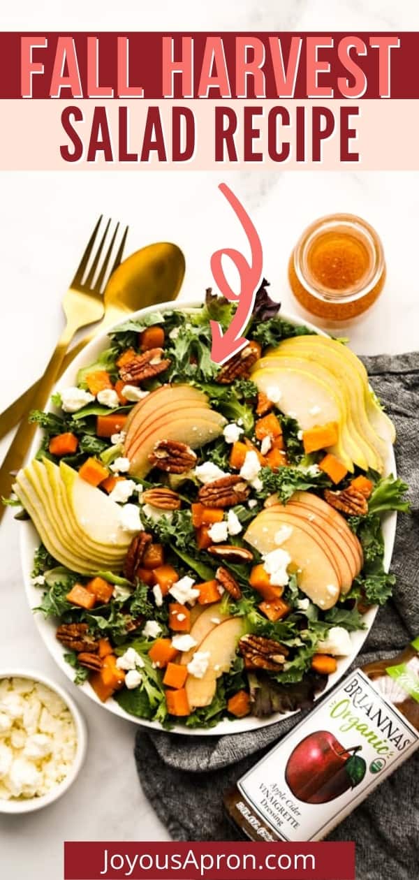 Fall Harvest Salad - Yummy autumn salad with your favorite Fall vegetables and fruits! Kale and mixed greens combined with roasted butternut squash, apples, pears, pecans and crumbled feta. Perfect for the Thanksgiving holidays as well! via @joyousapron