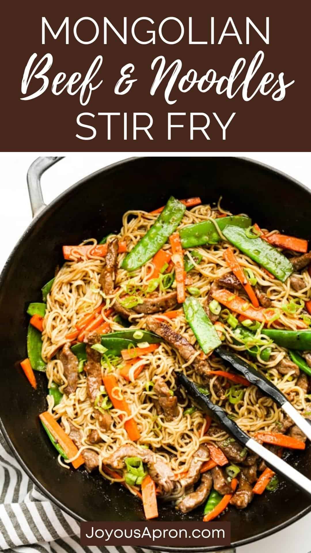 Mongolian Beef Noodles - Asian inspired Mongolian Beef stir fry combined with ramen noodles, carrots, and snow peas to make this tasty one-skillet easy dinner! So easy to make! via @joyousapron