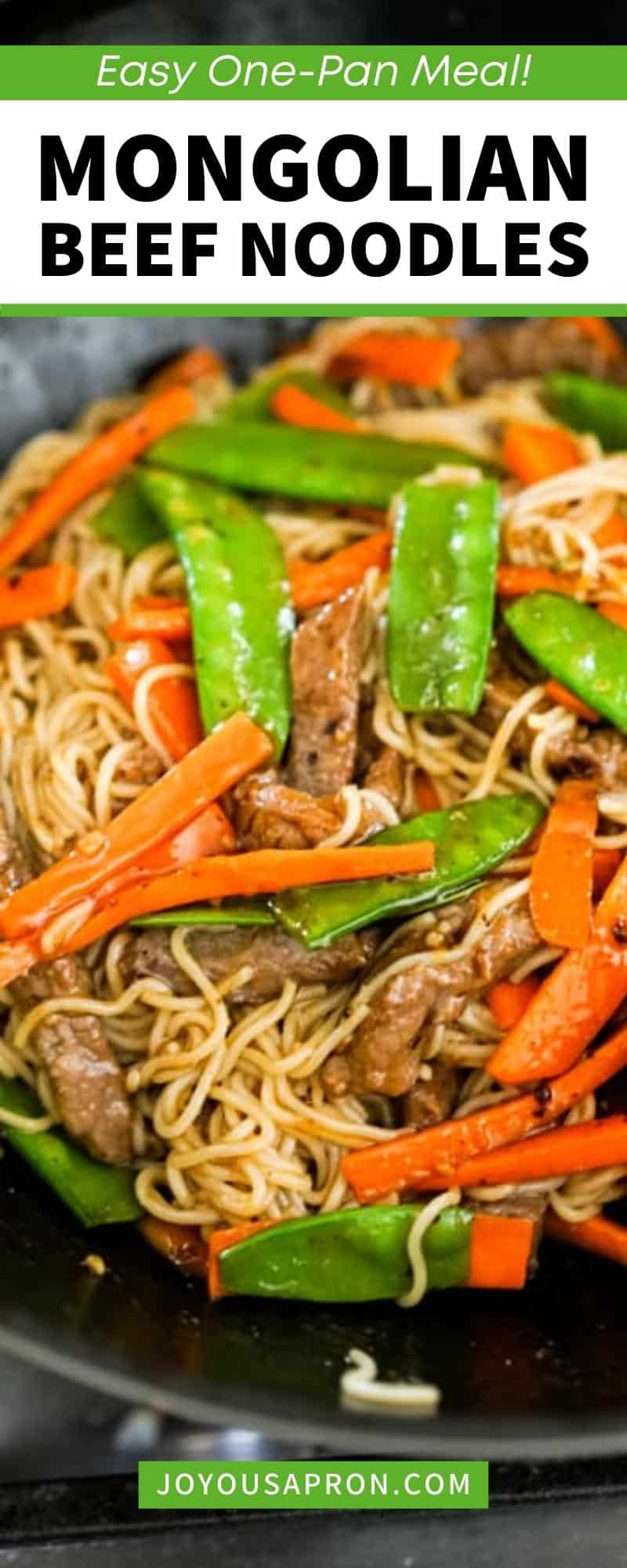 Mongolian Beef Noodles - Asian inspired Mongolian Beef stir fry combined with ramen noodles, carrots, and snow peas to make this tasty one-skillet easy dinner! So easy to make! via @joyousapron