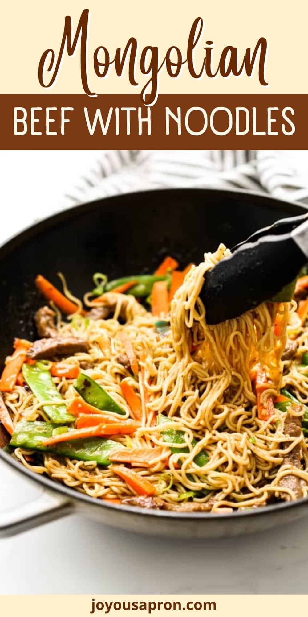 Mongolian Beef Noodles - Asian inspired Mongolian Beef stir fry combined with ramen noodles, carrots, and snow peas to make this tasty one-skillet easy dinner! So easy to make! via @joyousapron