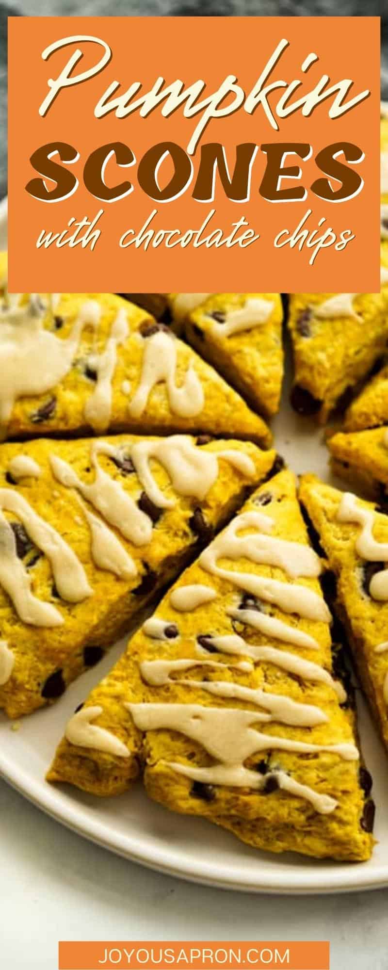 Pumpkin Chocolate Chip Scones - moist and crumbly pumpkin scones filled with chocolate chips and topped with a sweet maple glaze. The perfect Fall pastry! via @joyousapron