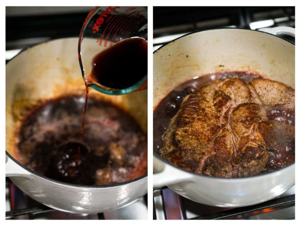 Adding red wine to a pot to deglaze then bottom, and then. adding the seared chuck roast back in