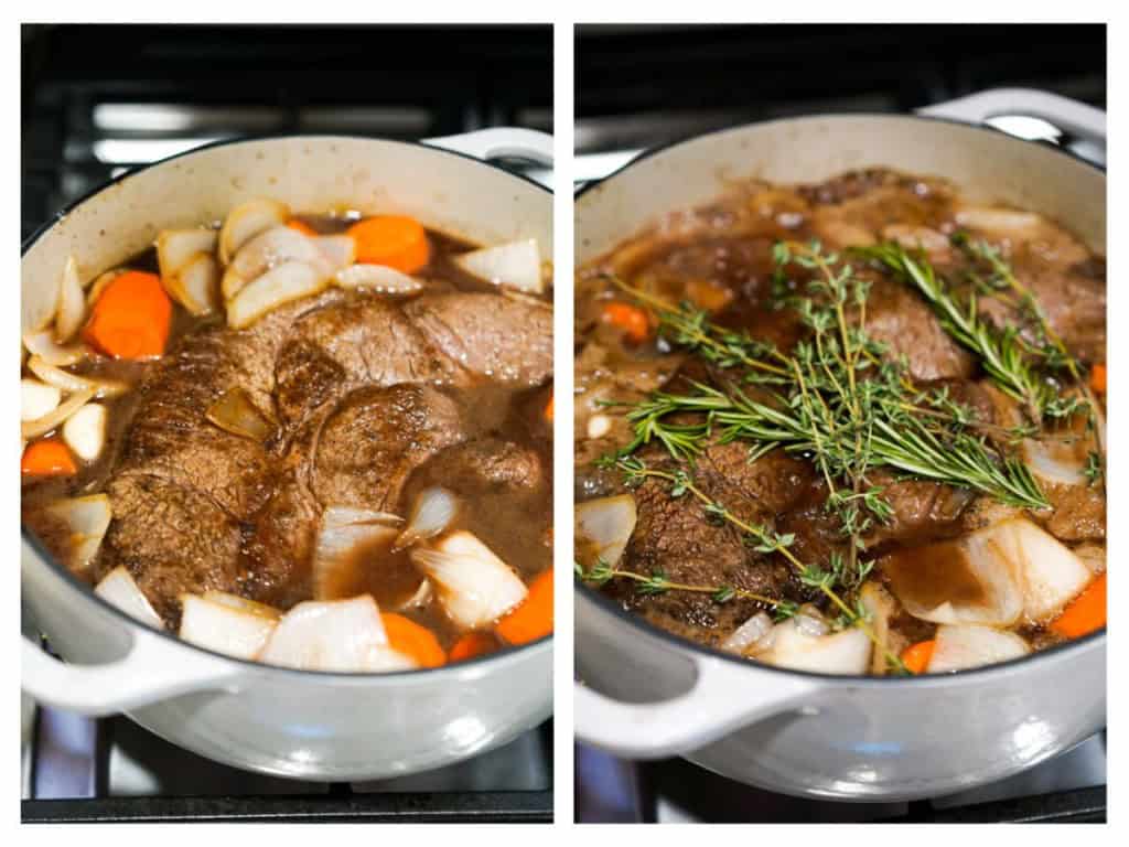 Add the onions, garlic, carrots into the pot roast, then adding fresh thyme herbs