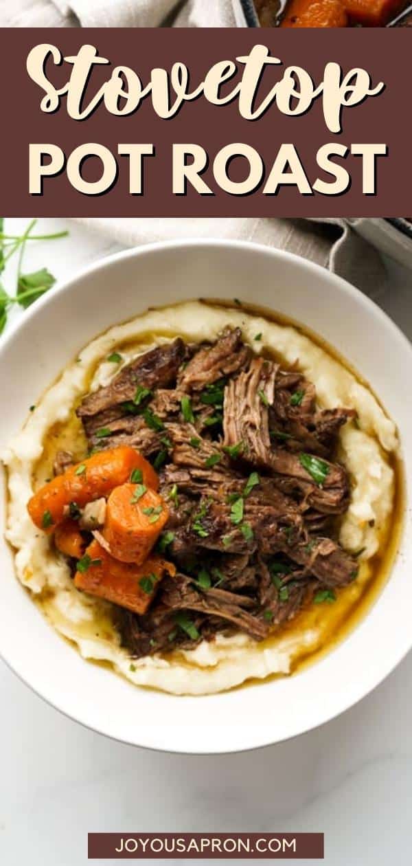 Stovetop Pot Roast Tender, fall apart Beef Pot Roast cooked on the stove top! This flavorful and delicious Stovetop Pot Roast recipe is cooked alongside carrots and onions, in a herb and red wine infused broth. via @joyousapron