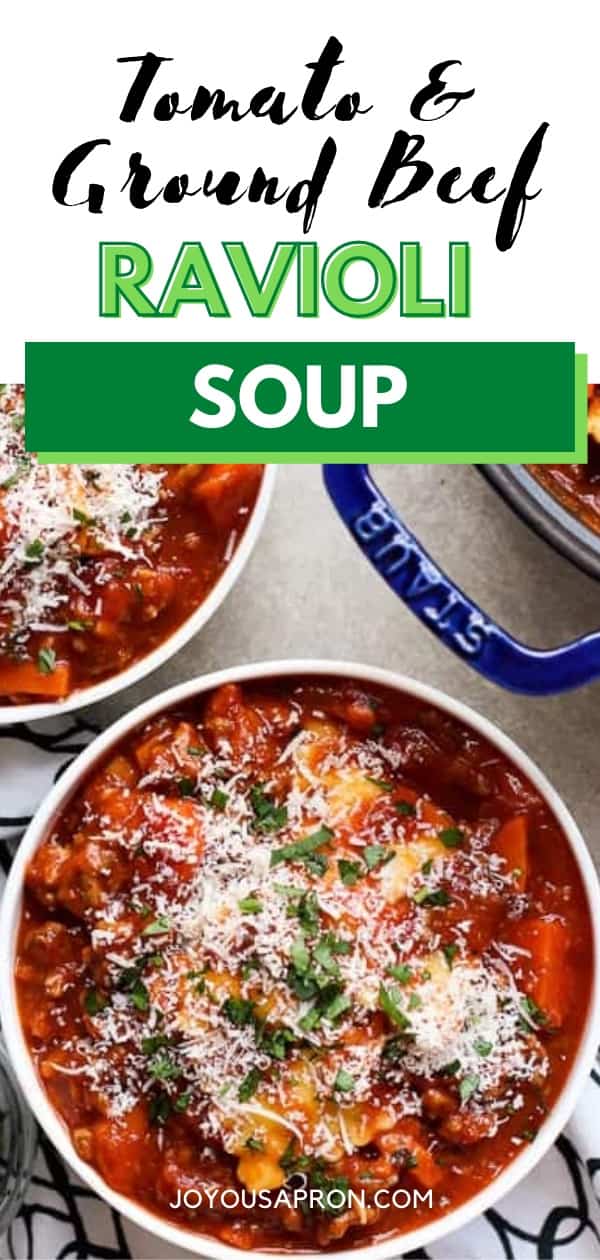 Ravioli Tomato Beef Soup - easy one pot meal comfort food soup recipe! A tomato and beef broth based soup filled with cheese ravioli, ground beef, carrots, and lot of herbs and spices. So flavorful and perfect for busy weeknights! via @joyousapron