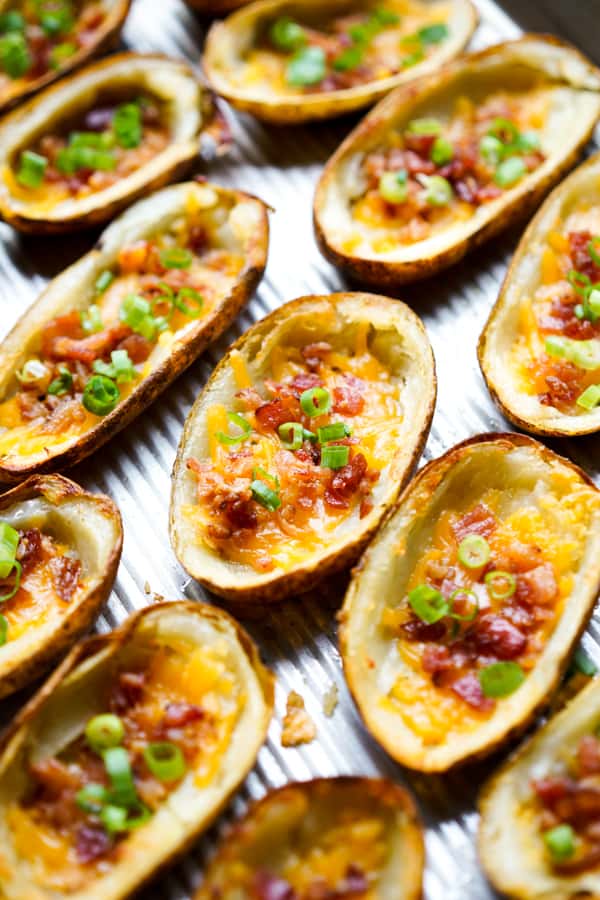 Crispy Loaded Baked Potato SKin on baking sheet