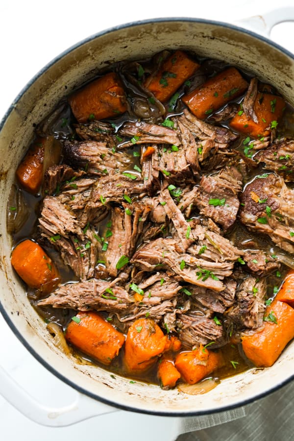 Shredded Stovetop Pot Roast in a large pot