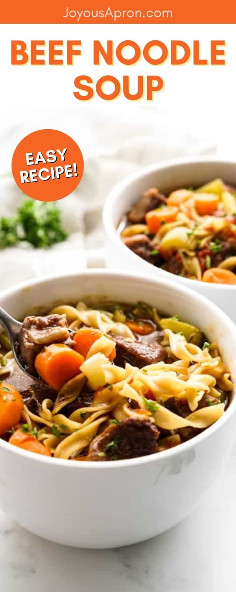 Beef Noodle Soup - tender steaks, egg noodles, carrots, celery, and tomatoes simmered in flavorful herb-infused beef broth. Cozy and comforting homemade soup recipe for the Fall and winter! via @joyousapron