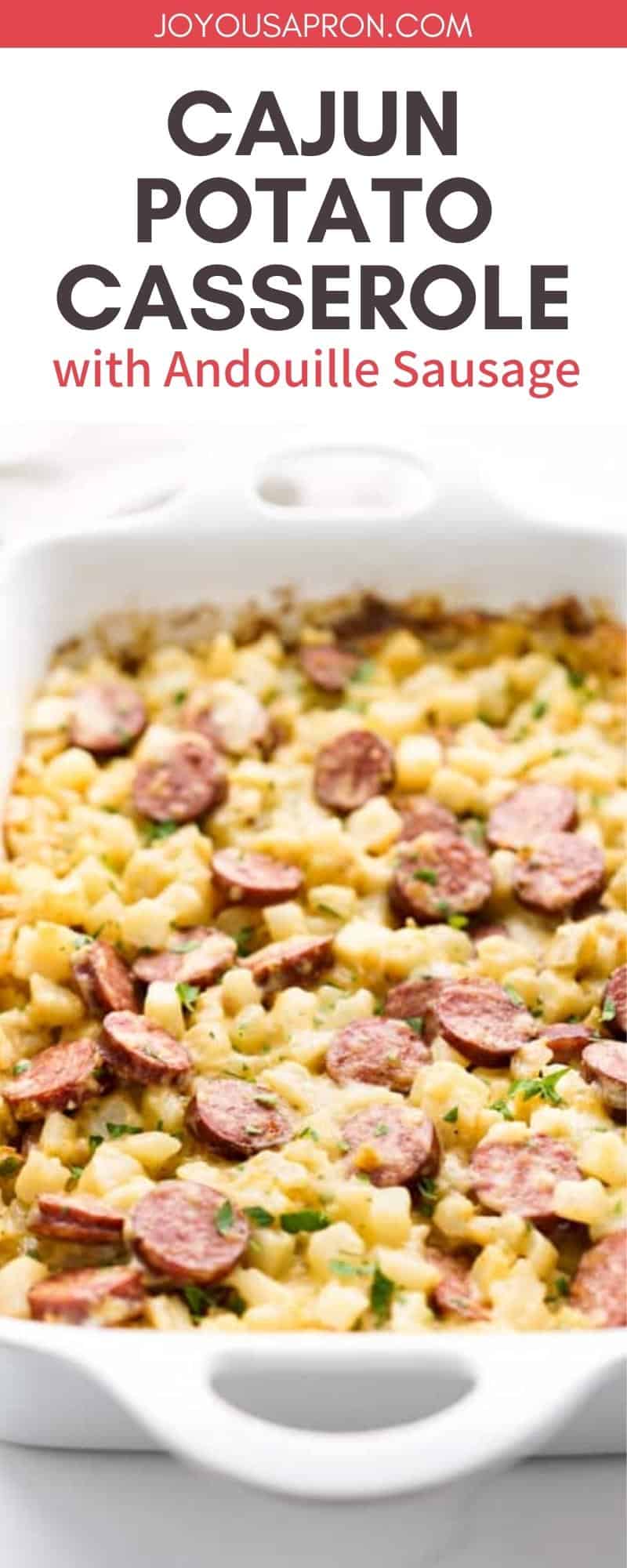 Potato Casserole with Andouille Sausage - Cajun and Creole potato recipe! Rich and creamy cheesy hash brown potato casserole combine with andouille sausage, then oven baked until its bubbly and golden brown. via @joyousapron