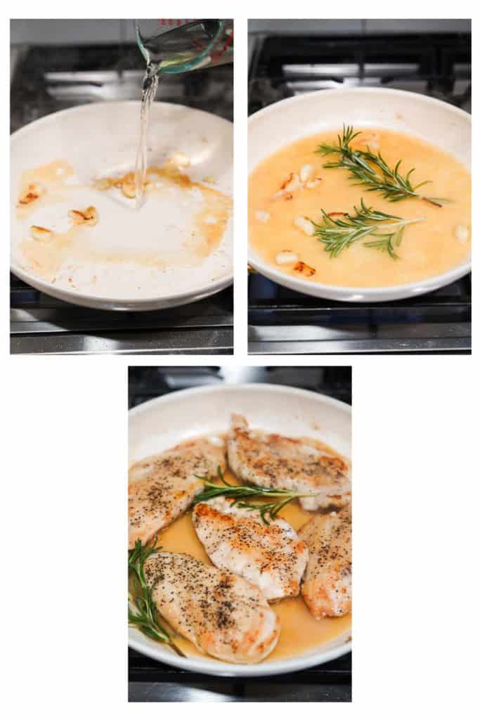 Making sauce with white wine, chicken broth and fresh rosemary, then bringing chicken back into the skillet