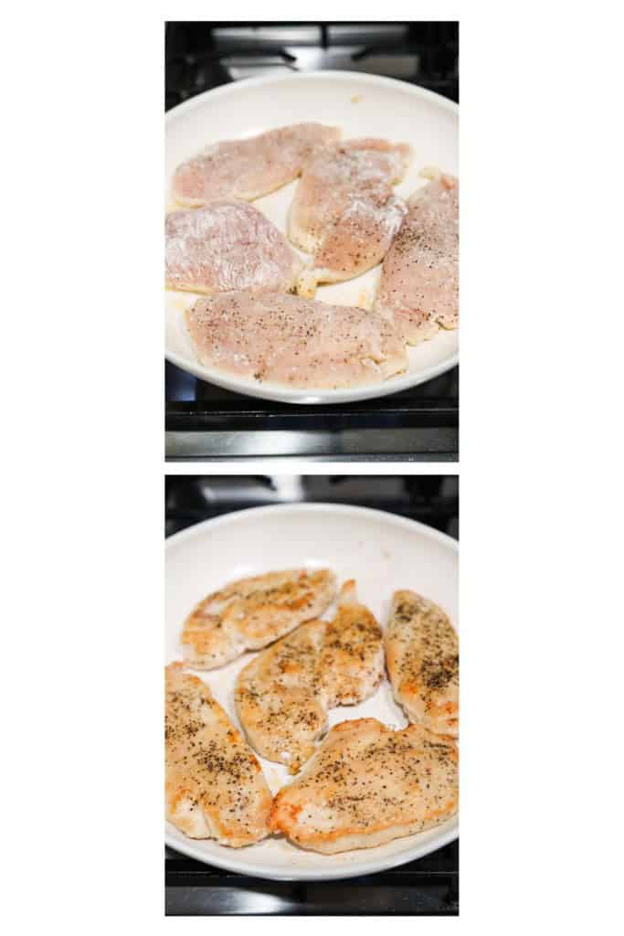 Searing flour coated chicken breasts on a skillet