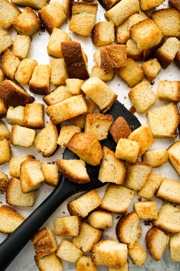 Close up of a bunch of cubed croutons