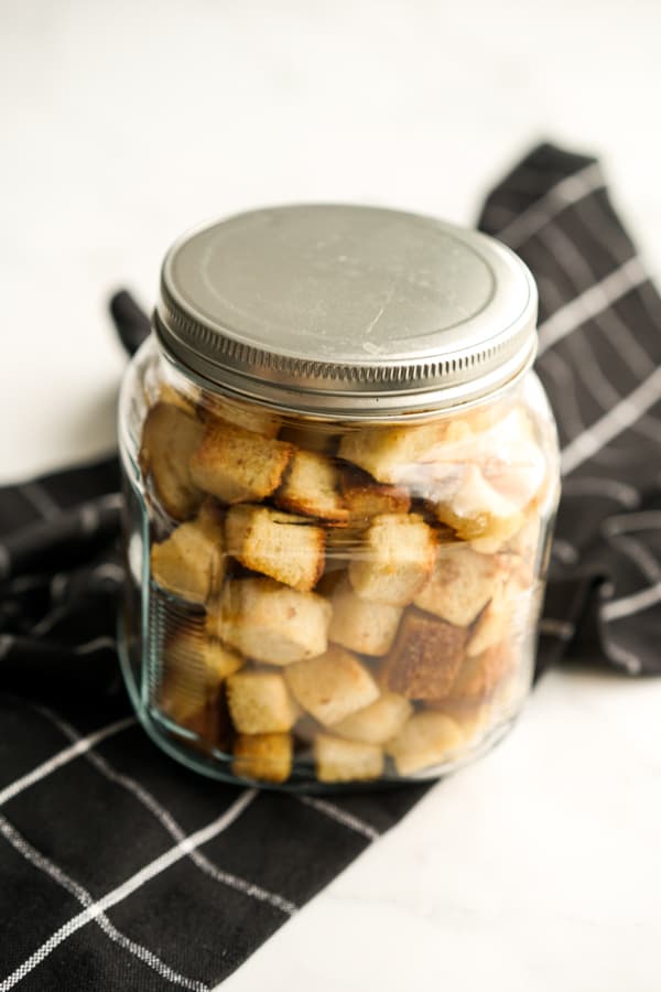Croutons stored in an air tight container