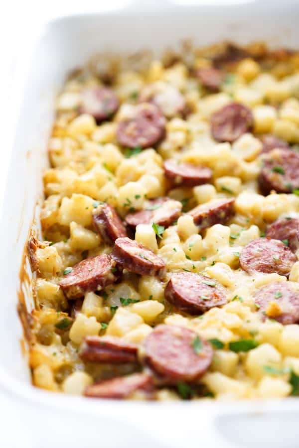 Closeup of Cajun potato sausage casserole