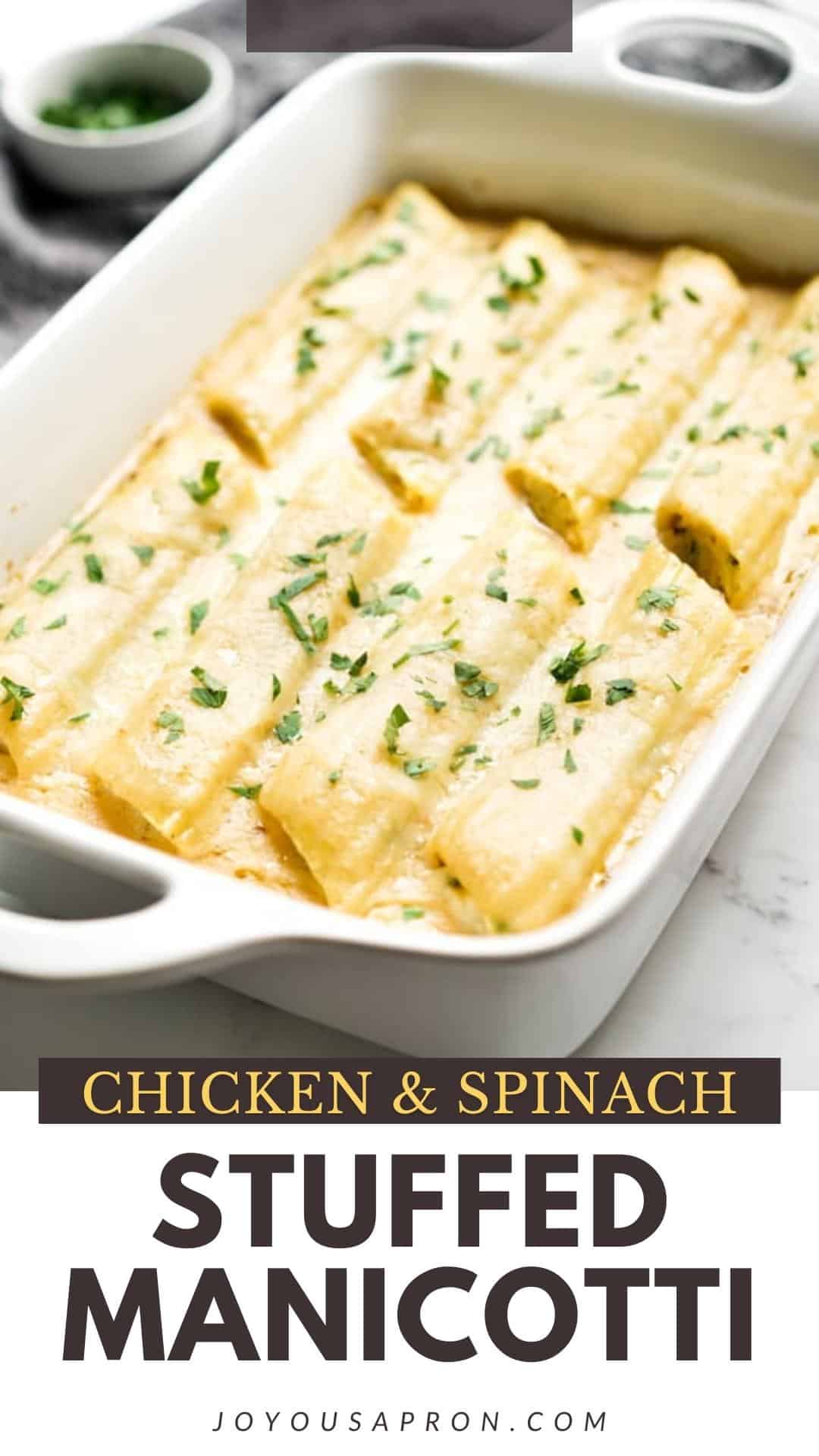 Chicken and Spinach Manicotti - oven baked stuffed Manicotti is a delicious Italian pasta recipe where manicotti is stuffed with a chicken, spinach and cheese filling then topped with creamy Alfredo sauce and more cheese. via @joyousapron