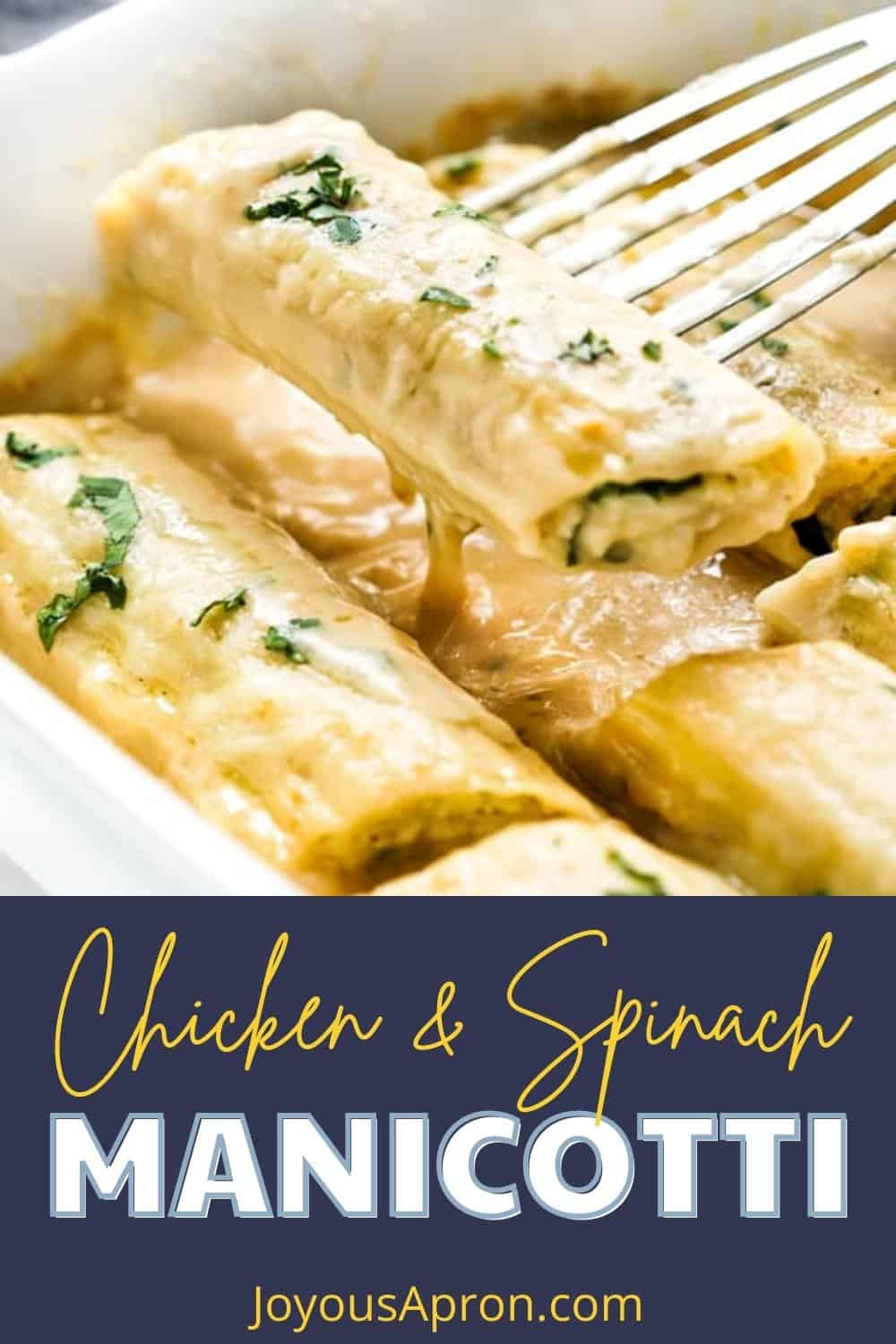 Chicken and Spinach Manicotti - oven baked stuffed Manicotti is a delicious Italian pasta recipe where manicotti is stuffed with a chicken, spinach and cheese filling then topped with creamy Alfredo sauce and more cheese. via @joyousapron