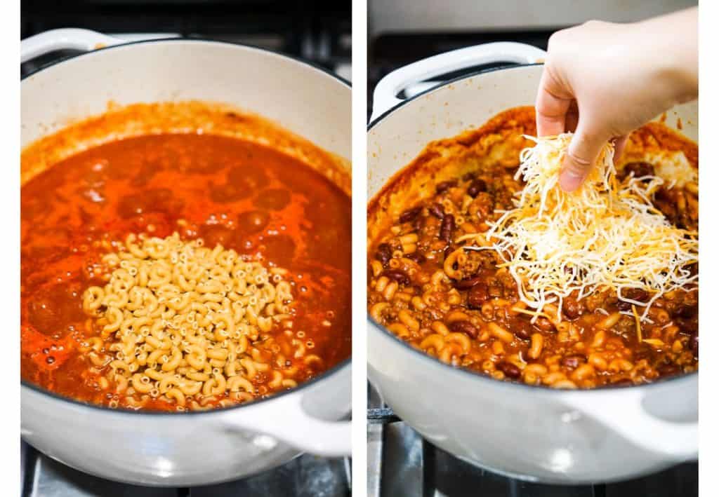Adding macaroni and then shredded cheese to a pot of Chili Mac and CHeese