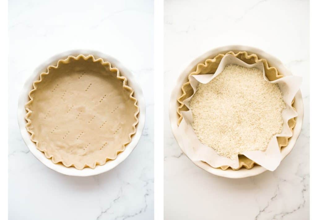 Pre-baking pie crust by adding parchment paper and rice to weigh it down