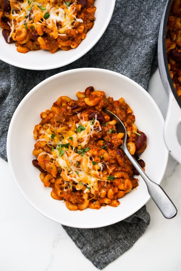 Top down view of a bowl of Chili mac and cheese