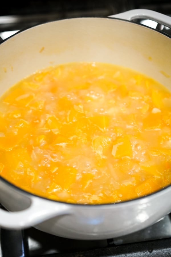 Softened butternut squash in chicken stock in a pot