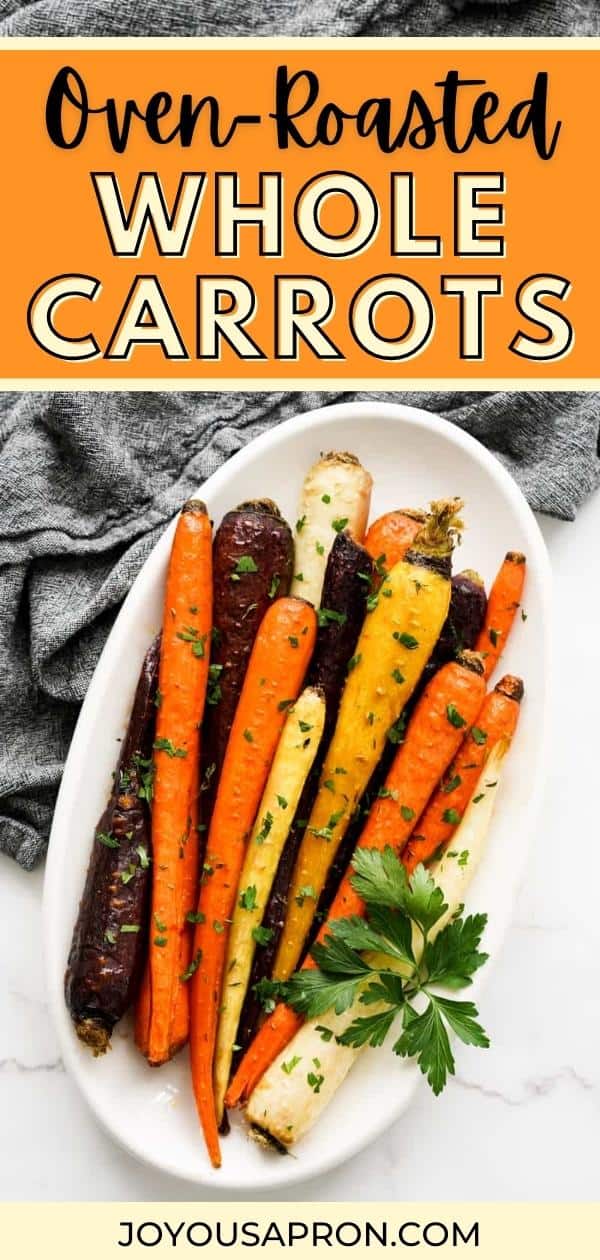 Roasted Whole Carrots - oven baked whole carrots coated in a sticky honey glaze and infused with flavors of fresh thyme. An elegant, delicious and easy carrot side dish for dinner parties and the holidays! via @joyousapron