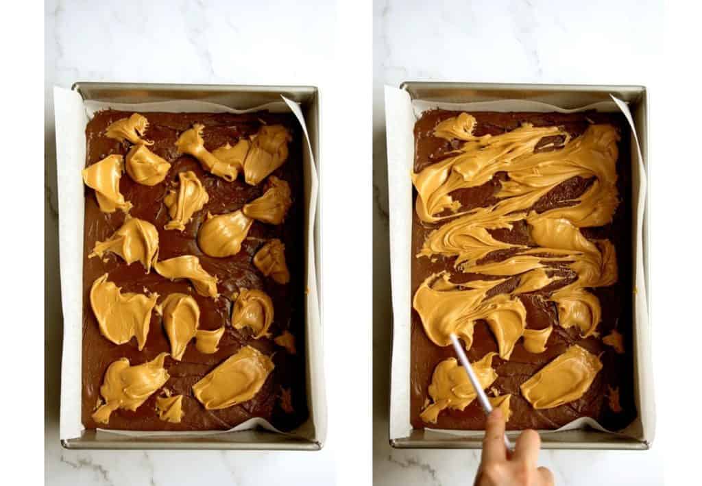 Dollop of peanut butter on a dish of melted chocolate, and then spreading the peanut butter with a chopstick to create swirls