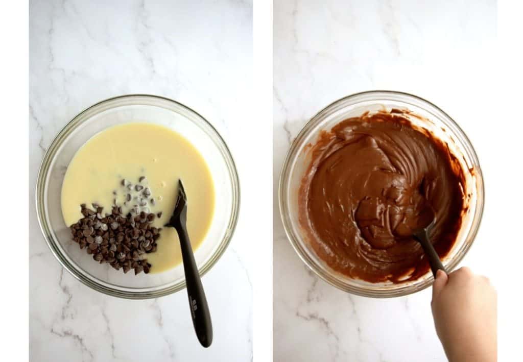 Bowl on the left contains chocolate chips and condensed milk; bowl on the right contains melted chocolate