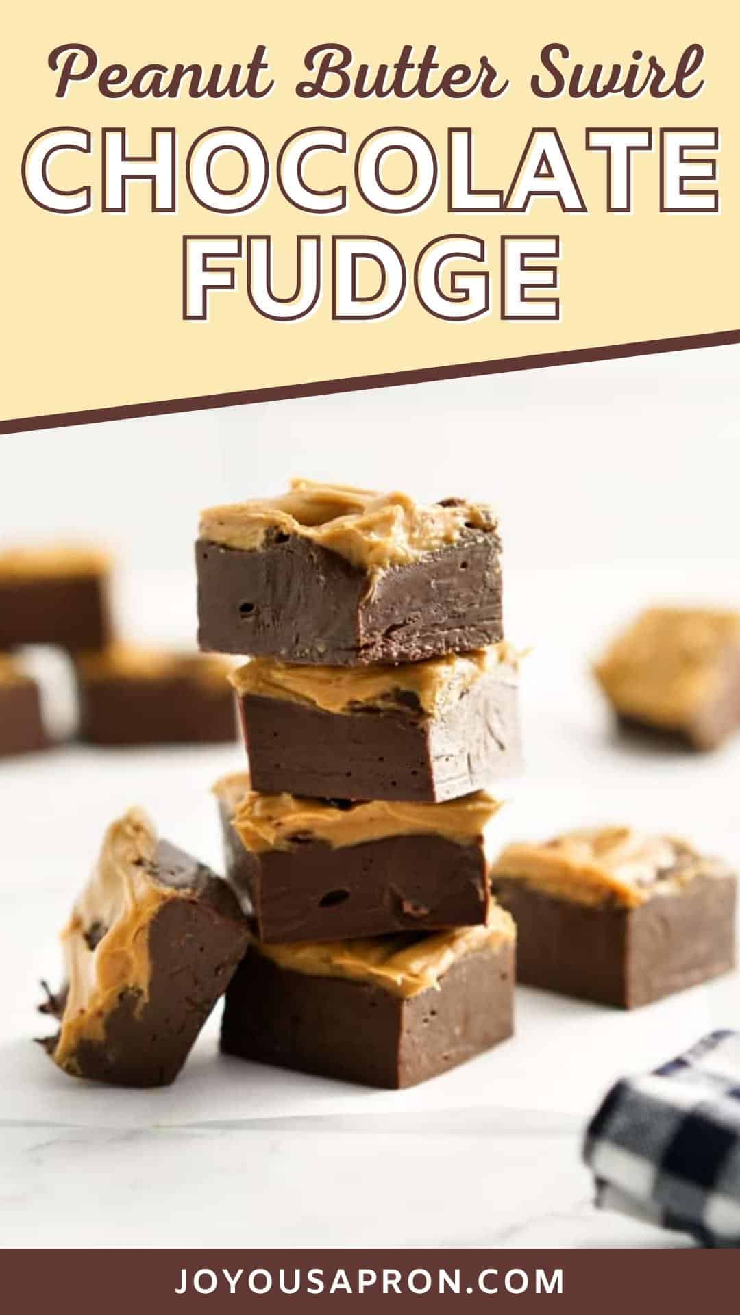 Chocolate Peanut Butter Fudge - A fun Christmas holiday bake! Rich and decadent chocolate fudge topped with peanut butter swirls. An easy fudge recipe without using candy thermometer and requires only 6 ingredients! via @joyousapron
