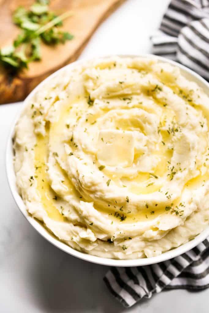 Closeup of mashed potatoes with heavy cream