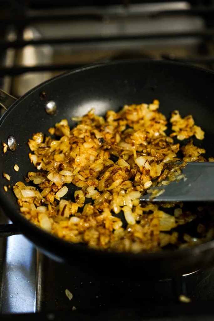Caramelized onions in skillet on stovetop